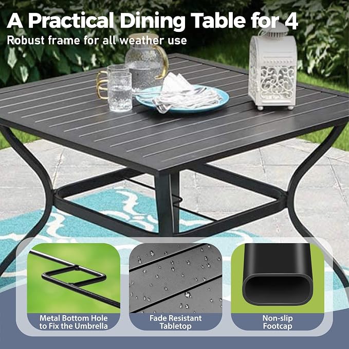 SUNSHINE VALLEY 5 Piece Patio Dining Set for 4, 37”Square Table with Umbrella Hole, 4 x Metal Red Chairs, Outdoor Table and Chairs for Lawn and Deck