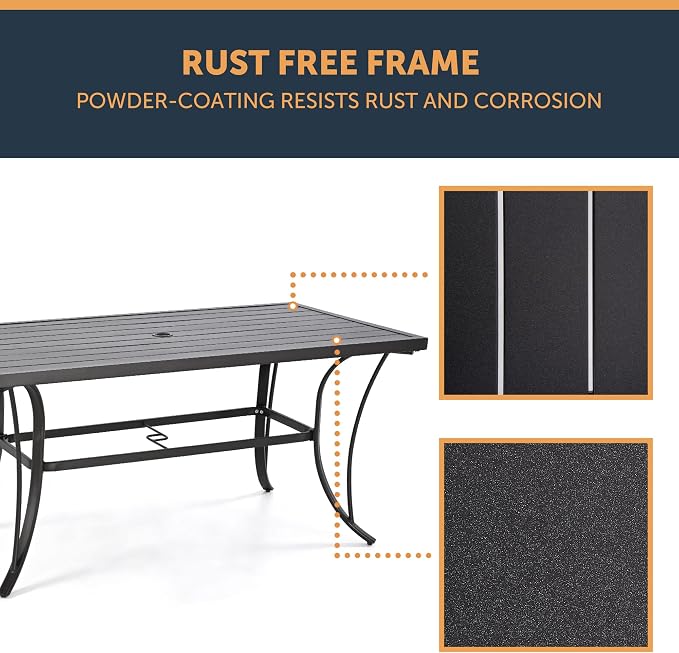 HAPPATIO Patio Dining Table for 6, Metal Steel Slat Patio Dining Table with Umbrella Hole Dia 2", Black Brown (60" x 35" x 28.5")