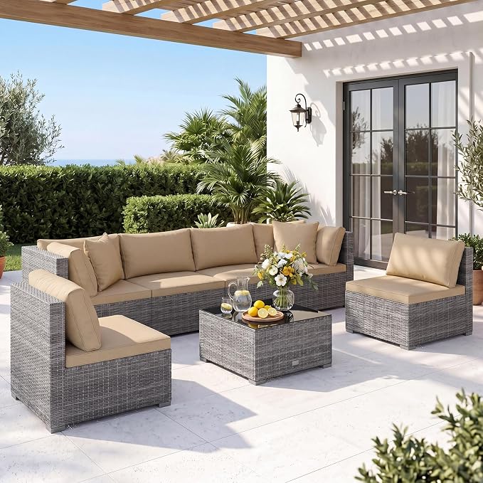 Tangkula 7 Pieces Wicker Sectional Patio Furniture Set, PE Rattan Sofas with Tempered Glass Coffee Table, Pillows & Cushions, Outdoor Wicker Conversation Set for Porch, Yard & Poolside, Grey & Beige