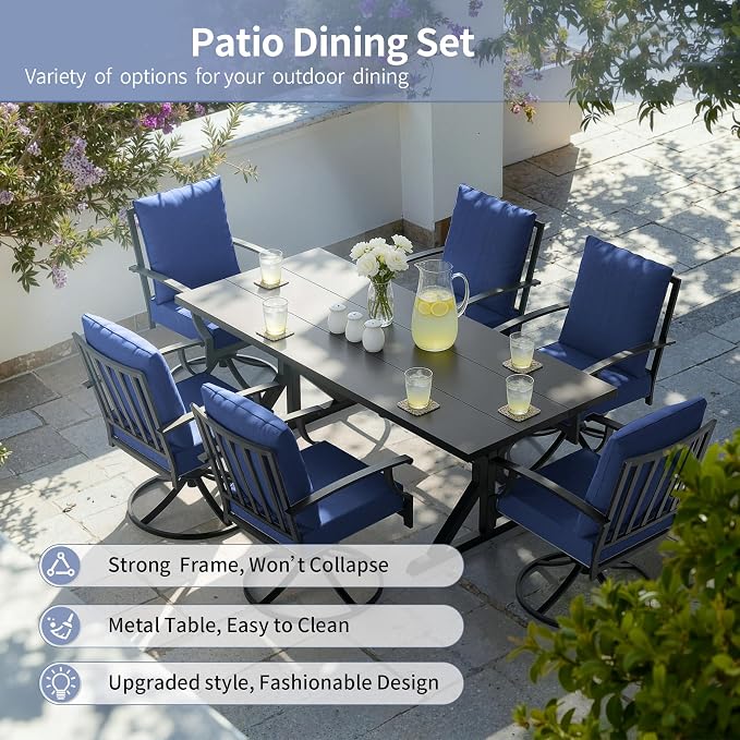 Kullavik 7 Pieces Outdoor Dining Set,Patio Dining Table and Chairs Set for 6,Fence Pattern Back Swivel Chairs with Thickened Cushions & X-Frame Metal Dining Table with Umbrella Hole for Patio,NavyBlue