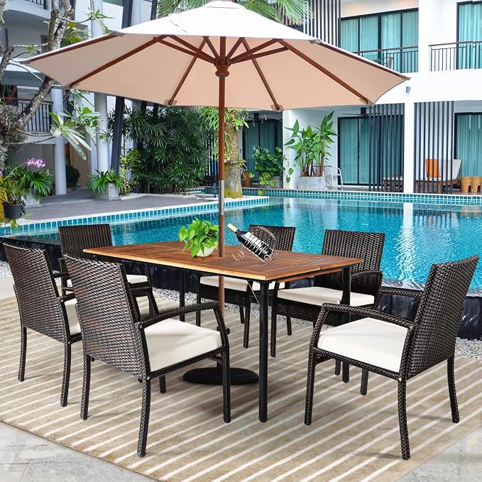 COSTWAY 7-Piece Outdoor Patio Furniture Set, Rattan Dining Table & Chairs with Cushions, Umbrella Hole & Tempered Glass Tabletop, Modern Garden Rattan Set for Backyard, Poolside, Balcony (White)