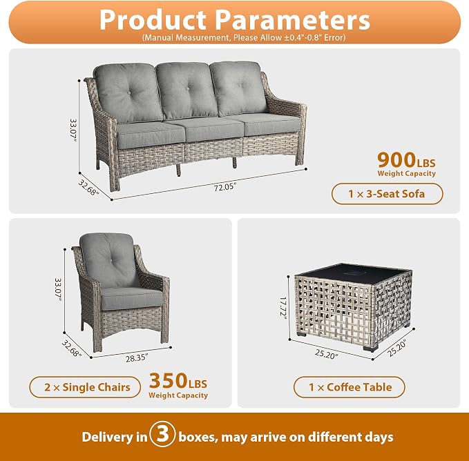 Outdoor Patio Furniture Sets, 4 PCS Patio Conversation Set Outside Rattan Sofa with Solar Light Coffee Table Comfy Cushions Fit Backyard Porch Garden Poolside Balcony,Dark Grey