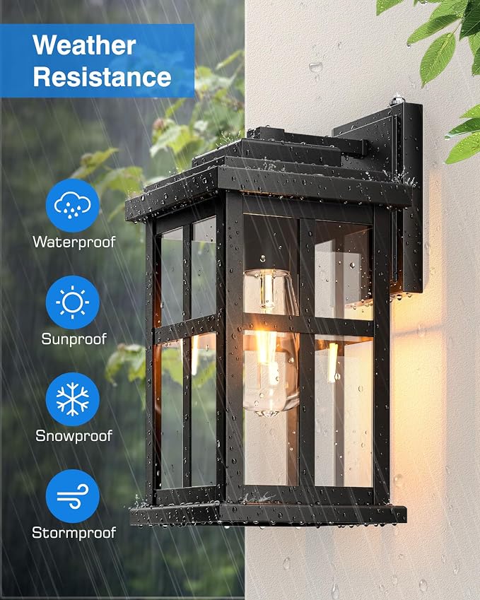 Large Outdoor Wall Lights Dusk to Dawn, Black Lights for House, Waterproof Exterior Lighting Fixtures, Outdoor Light Fixture with Tempered Glass for House, Porch, Garage, Doorway,1 Pack