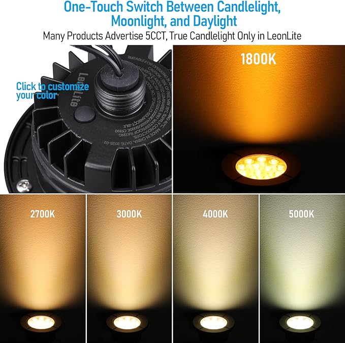LEONLITE 6-Pack Dia. 4 Inch 5CCT Well Lights Flat Top Black | 12-24V AC/DC, CRI90, 1800K/2700K/3500K/4000K/5000K, Landscape LED In Ground Outdoor, Low Voltage Garden Landscaping, Aluminum