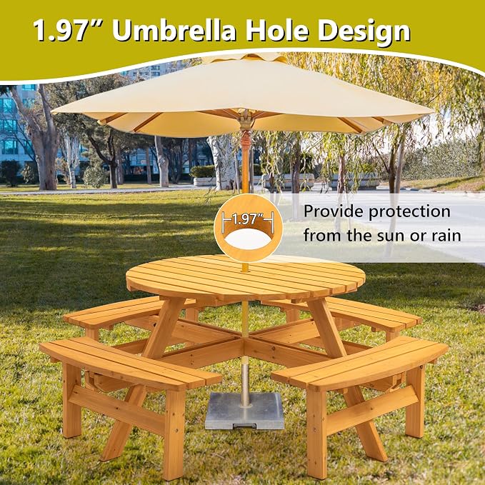 Outdoor Wooden Picnic Table with 4 Built-in Benches and Umbrella Hole for 8 Person，Outside Table and Bench Set Round Picnic Table for Garden, Backyard, Porch,Patio（Natural