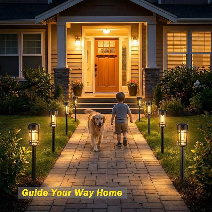 ILANCK Solar Lights Outdoor Waterproof, 8 Pack 21" Solar Pathway Lights with Metal & Glass, Auto On/Off Garden Lights for Yard, Landscape, Driveway Walkway