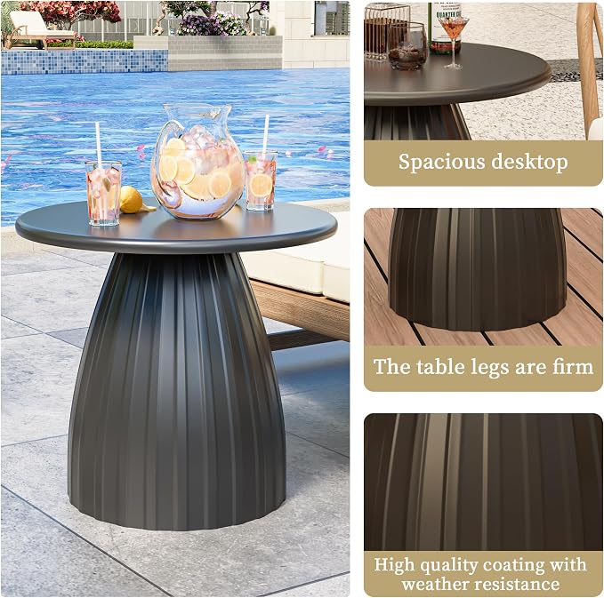 Round Metal Outdoor Patio Side Table, Black Small Patio End Table, Steel Outdoor Accent Table for Garden, Pool, Deck, Balcony, Yard, Living Room, Weather Resistant, No Assembly