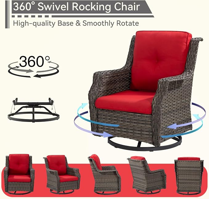 3 Piece Patio Furniture Set, 2-Seater Loveseat and 2 Swivel Glider Chairs Outdoors, Rattan Conversation Set with Deep Seating and Olefin Cushions, for Backyard, Garden, Red