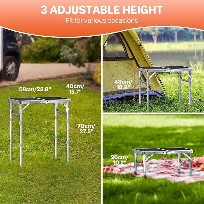 FUNYKICH 2ft Small Folding Table, 3 Height Adjustable Portable Camping Table, Lightweight Aluminum Outdoor Tables with Carry Handle for Car Camping, Backpacking, Picnic, L22.8''xW15.7'', Silver