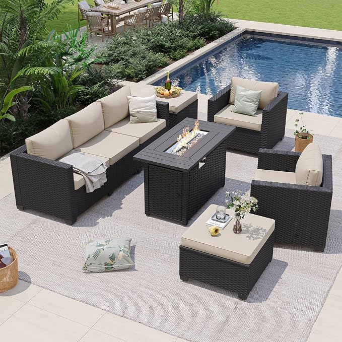 Aoxun Patio Furniture Set with Fire Pit Table, 6 Piece Outdoor Furniture Set with Wicker Ottomans, Rattan Outdoor Patio Sectional Sofas with Thickened Cushion & Waterproof Cover Beige