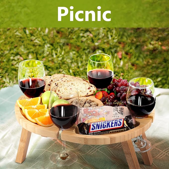 Tirrinia Portable Wine Picnic Table, Foldable Beach Table for Charcuterie, Decoration Picnic Essentials for Camping, Weddings, Concerts for Women, Wine Lovers(15.7" x 12.5")