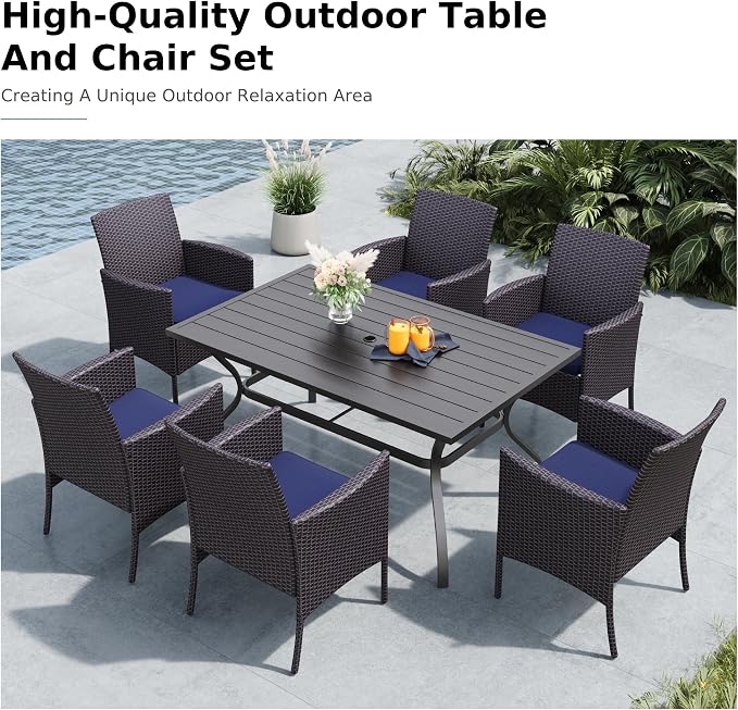 MFSTUDIO 7 Pieces Outdoor Dining Sets for 6, Patio Table and Chairs, Outdoor Rectangular Metal Table with Chairs, Wicker Patio Dining Furniture, Deck, Porch