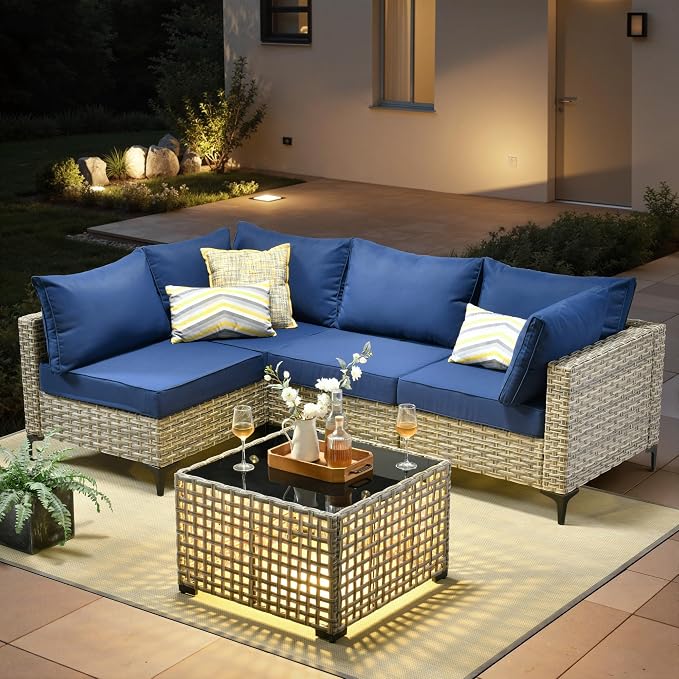 5 Pieces Patio Furniture Set with Solar Light Coffee Table, All-Weather Wicker Outdoor Sectional Conversation Sets L Shaped Sofas for Outside Porch Balcony Backyard Navy Blue