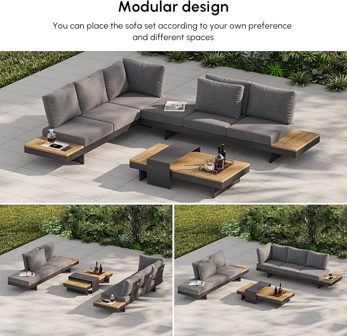 homary 4-Piece Modular Outdoor Sofa Set, Aluminum & Teak Patio Conversation Set with 600D Waterproof Covers, Adjustable Backrests, Fade-Resistant Cushions for Patio, Balcony, Deck
