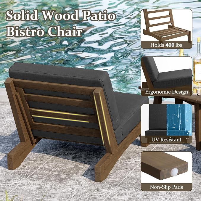 Pia Ricoo Patio Chairs Set of 2, Heavy Duty Wood Patio Furniture Set with Thick Cushions, Bistro Set All-Weather Outdoor Chairs for Balcony, Deck, Poolside, Porch - Drak Gray