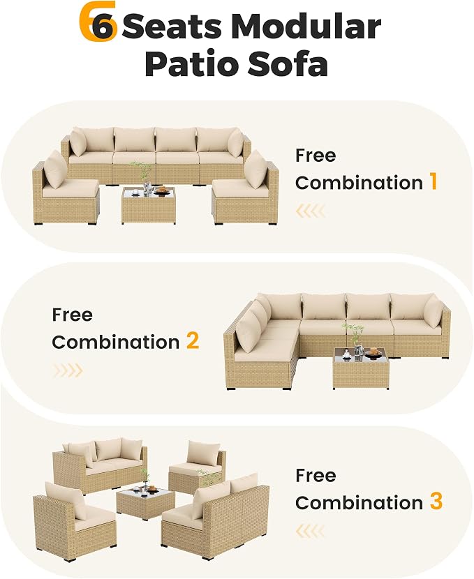 UDPATIO Furniture Set with Fire Pit Table, 8 Piece Sectional Sofas, All-Weather Wicker Conversation for Garden, Backyard, Yellow/Beige