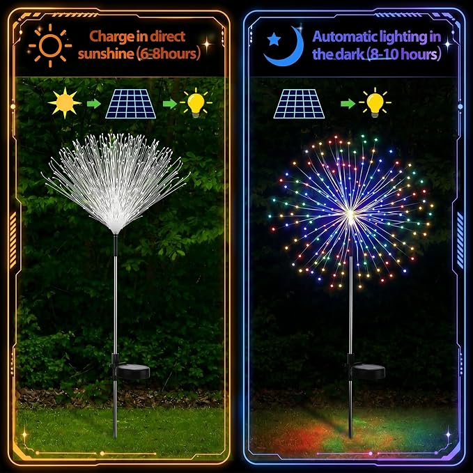 Tujoe 6 Pcs Christmas Solar Firework Stake Lights 180 LED 8 Modes Solar Waterproof LED Sparkler Lights Outdoor Decoration for Garden Patio Yard Pathway Walkway Lawn (Colorful)