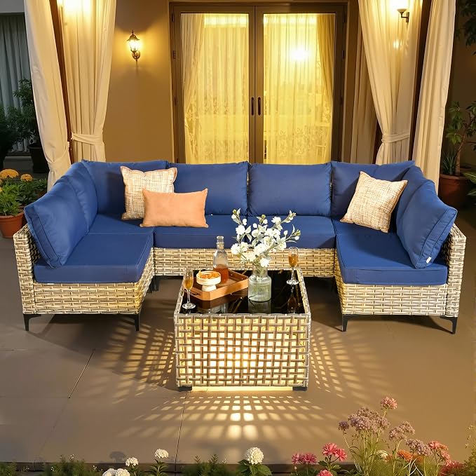 7 Pieces Patio Sectional Furniture Set, Outdoor Wicker Sectional Couch with Solar Lights Table, Modern Conversation Set for Porch Balcony Backyard, Navy Blue