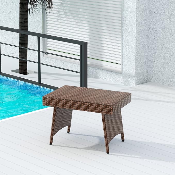 WO Wicker Rattan Foldable Folding Side Table, UV and Water Resistant Great for Any Outdoor Spaces Like Patio Garden Deck Porch Backyard Balcony Lawn (Brown)