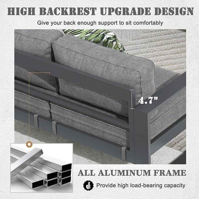 Outdoor Aluminum Furniture Set - 5 Pieces Modern Patio Conversation Sets Metal Sectional Sofa with Coffee Table