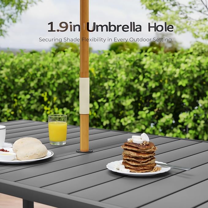 HAPPATIO Outdoor Dining Table for 8, Large Rectangular Aluminum Patio Table with 1.9" Umbrella Hole, Black, Modern Style