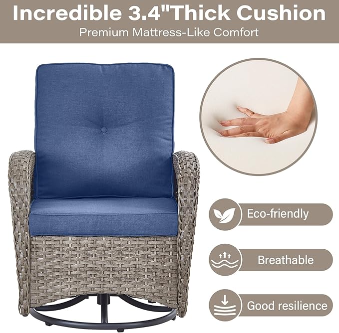 Belord 7 Piece Wicker Patio Furniture Set with 30" Fire Pit Table - Outdoor Swivel Rocker Chairs Set of 4 with Glass Side Tables Set of 2, Patio Conversation Set for Casual Gathering Gray/Blue