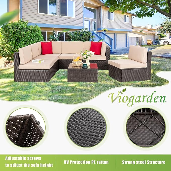 Vongrasig 7 Pieces Patio Furniture Sets, Outdoor Sectional Patio Sofa Set | All-Weather Patio Conversation Set PE Rattan Wicker Modular Couch with Coffee Table for Garden, Poolside, Backyard, Beige