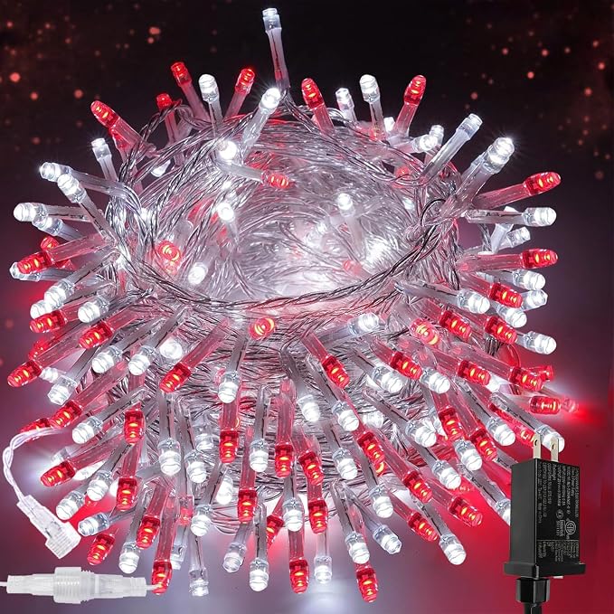 200 LED Connectable String Lights, 66FT Christmas Lights Outdoor Indoor | Red & White, 13 Modes, Timer, Clear Wire Waterproof Twinkle Fairy Lights Plug in for Bedroom Classroom Patio Xmas Tree Decor