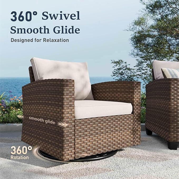 SUNSHINE VALLEY Swivel Glider Patio Furniture Set Outdoor Furniture Brown Wicker Rattan Patio Conversation Sets with Cushion Outside Sofa Set,7 Pieces,9 Seats,Beige