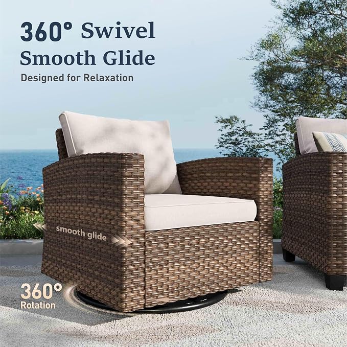 SUNSHINE VALLEY Swivel Glider Patio Furniture Set Outdoor Furniture Brown Wicker Rattan Patio Conversation Sets with Cushion Outside Sofa Set,8 Pieces,12 Seats,Beige