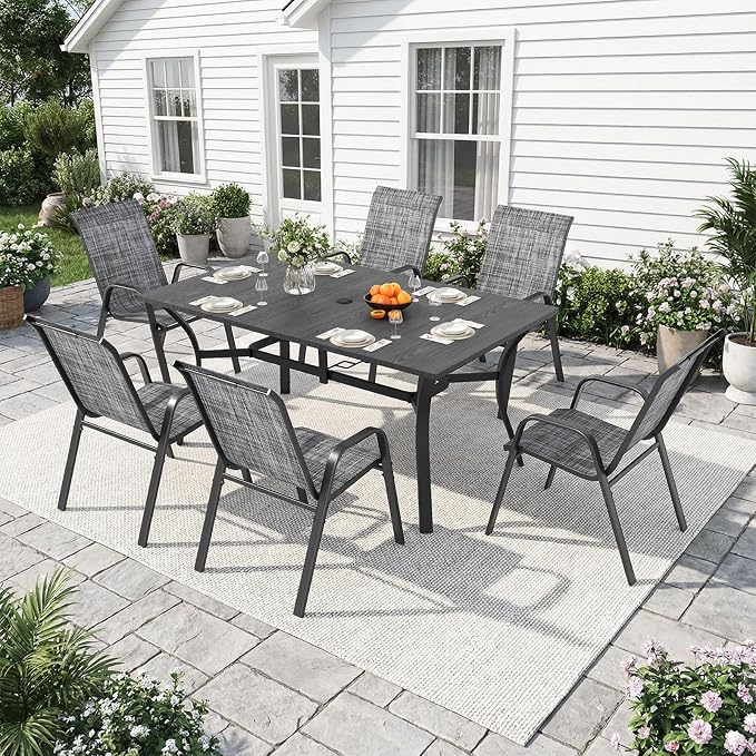 63”x37.8” Metal Outdoor Dining Table for 6,Rectangular Patio Dining Table with Adjustable Umbrella Hole,All-Weather Brown Outdoor Patio Table for Porch, Garden, Backyard, Poolside, Lawn