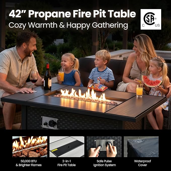 8-Piece Wicker Outdoor Sectional Furniture with Firepit Table, Wide Armrest Patio Couch Set Swivel Rocking Chair Ottoman, Modern Modular Conversation Sets for Backyard Deck Garden, Black
