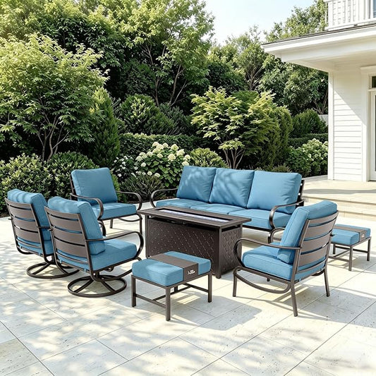 PHI VILLA Outdoor Patio Furniture Set, Swivel Sofa Chairs & 3 Deep Seat Sofa Bench, Gas Firepit Table, Upgraded Fabric Suitable for Outdoor Use, 8 PCS Navy Blue