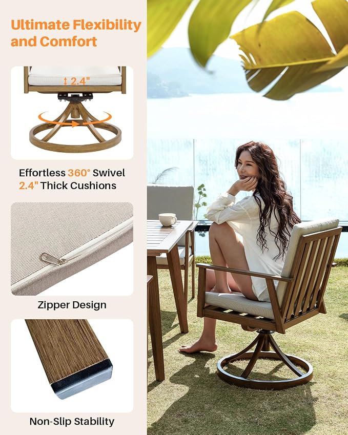 7 Pieces Patio Dining Set with 6 Swivel Chairs, Never-Rust Aluminum Outdoor Dining Set, Patio Swivel Dining Set with Thick Cushions, Outdoor Furniture Set for Deck, Garden, Yard, Teak