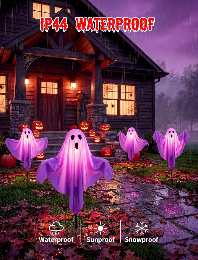 11.5FT Halloween Ghost Pathway Lights Outdoor, 4 Pack Purple Walkway lights | Shatterproof, Waterproof, Plug in and Hanging Ghost lights, Halloween Decorations Outdoor for Lawn Driveway Garden Yard Decor