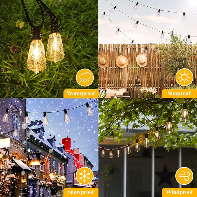 Brightever LED Outdoor String Lights 60FT with 32 Shatterproof ST38 Vintage Edison Bulbs, Outside Hanging Lights Waterproof for Patio, Porch, Deck, Garden, Backyard, Balcony, 2700K Dimmable