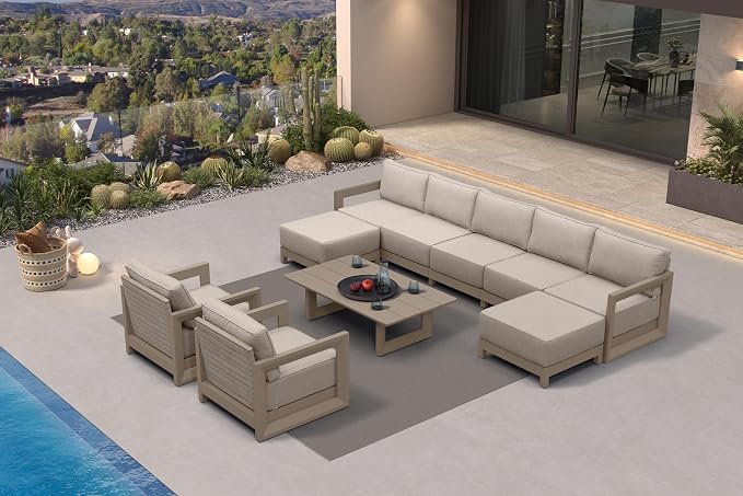 PURPLE LEAF Patio Furniture Set Enclosed Outdoor Couch with 9.6" Thick Cushion and Soft Pillows 10 Piece Outdoor Sectional Sofas with Table Modern Outdoor Conversation Sets for Yard Porch Deck, Khaki