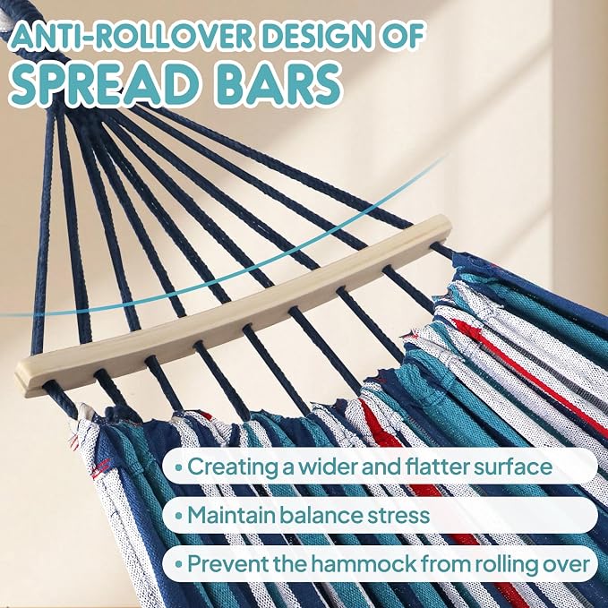 ANYOO Portable Camping Hammock Cotton Hammocks with Spreader Bar Outdoor | Sturdy Hammocks Up to 450lbs with Carry Bag