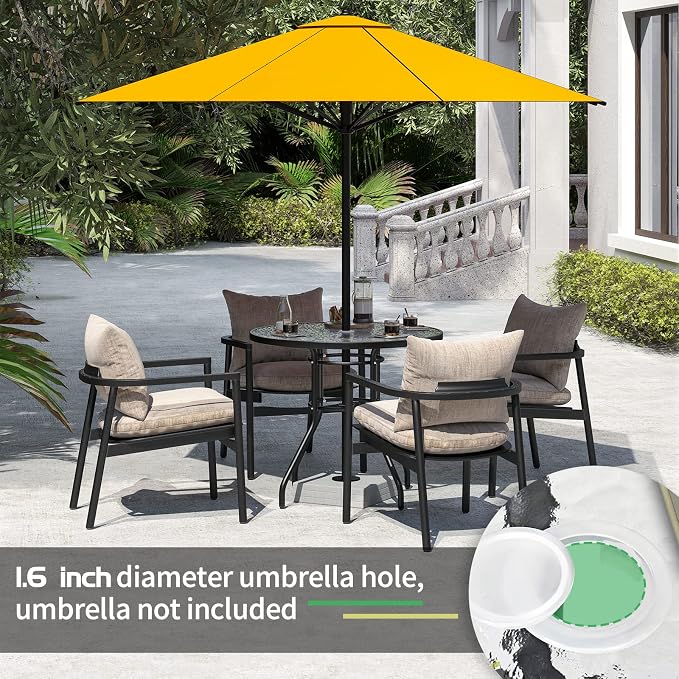JINLLY 32 Inch Patio Table with Umbrella Hole, Round Glass Patio Table, Outdoor Bistro Dining Tables with Tempered Glass Tabletop and Metal Frame for Outside, Garden, Balcony