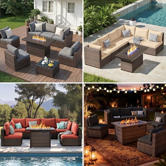 7 Pieces Patio Furniture Sets Outdoor Sectional Sofa with 44'' Propane Rattan Wicker Firepit Table, Patio Sectional Conversation Set with Cushions for Backyard, Poolside, Garden Blue