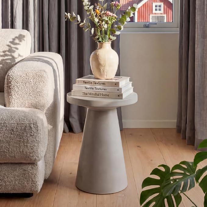 HOMPUS Outdoor Side Table Large, Concrete Side Table Faux Stone Cone Shaped, Patio Round Accent Table, Lightweight MgO Tall Coffee Table Garden Tool for Home Decor, Porch and Deck, Grey