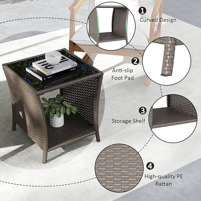 Kinfant Rattan Patio Side Table - Set of 2 Modern Wicker End Table, PE Rattan Coffee Table with Glass Top, Weather-Resistant Patio Furniture for Patio, Balcony, Garden, and Poolside (2, Sesame)