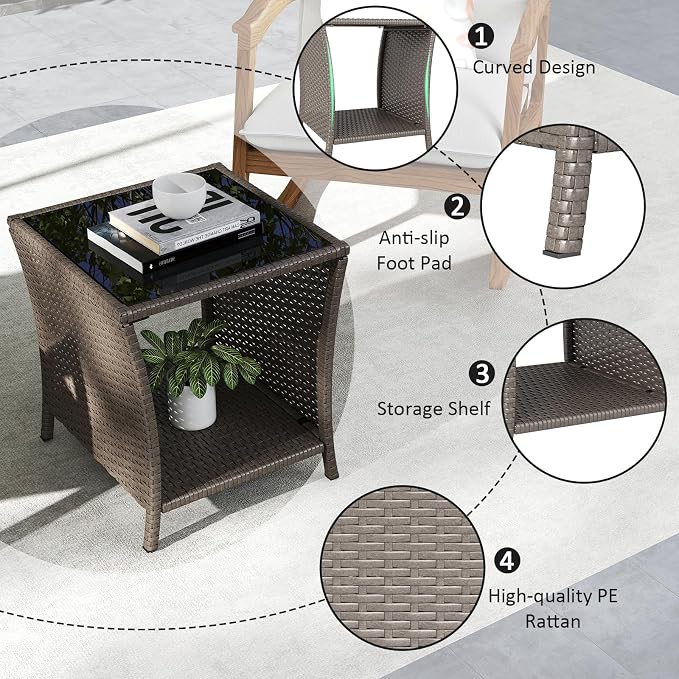 Outdoor Small Patio Table - PE Rattan Coffee Table, Wicker Side Table for Patio, Balcony & Porch, Durable & Iron Frame (2, Sesame)