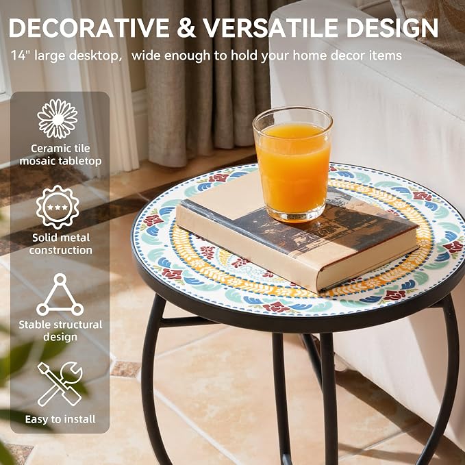 22" H Mosaic Side Table Outdoor, Patio Table Plant Stand, Iron Coffee End Table, Weather Resistant Tile Top Metal Drink Bar Table for Indoor Garden Balcony Yard Bistro