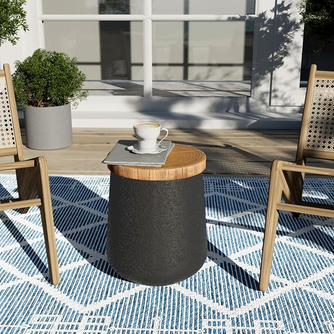 COSIEST Outdoor Side Table Set of 2, 2 Pieces End Table, Cylinder Shaped Patio Side Table, Black Outdoor Concrete Accent Table Stool with Faux-Wood Tree Trunk Slice Top for Outside, Indoor, Garden