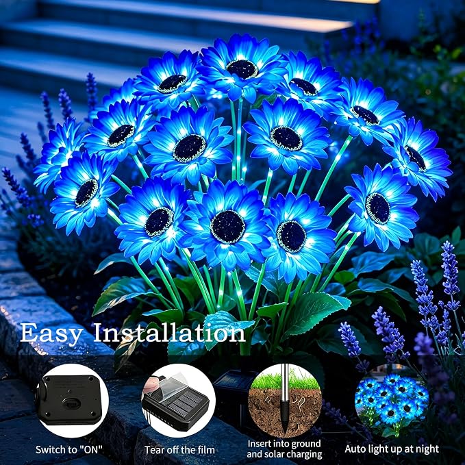 MRHEPHAESTUS Solar Garden Lights Outdoor, 6 Pack Solar Blue Sunflower Lights with 18 Head 3.5 Inch Flowers, Waterproof Flowers Light Fall Decor Auto ON/Off for Garden Yard Patio, Gifts for Mom Women