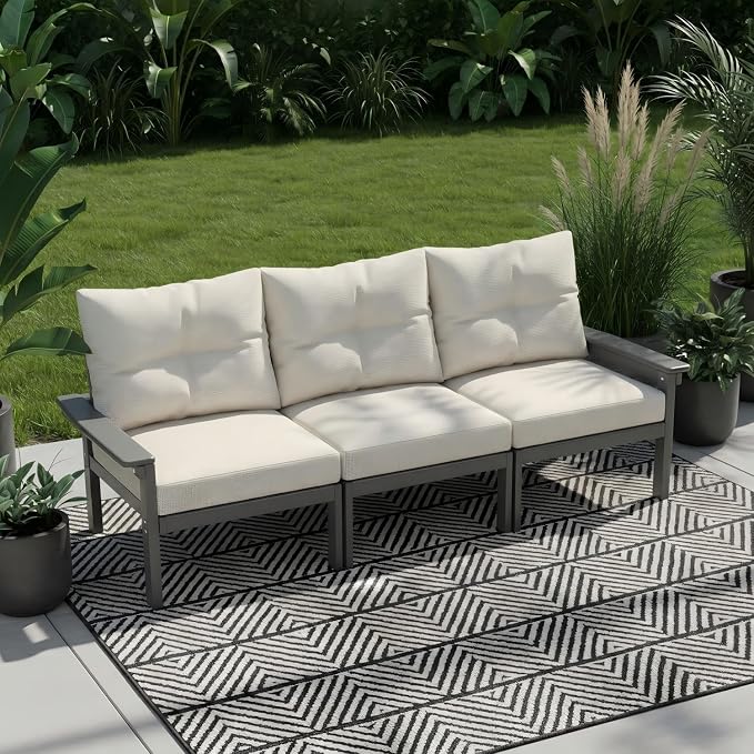 HDPE 4 Piece Patio Furniture Set, All-Weather Outdoor Couch with Thick Cushions & Coffee Table, Patio Conversation Sets for Lawn, Garden, Porch, Balcony, Deck, Poolside,Grey Frame Beige Cushion