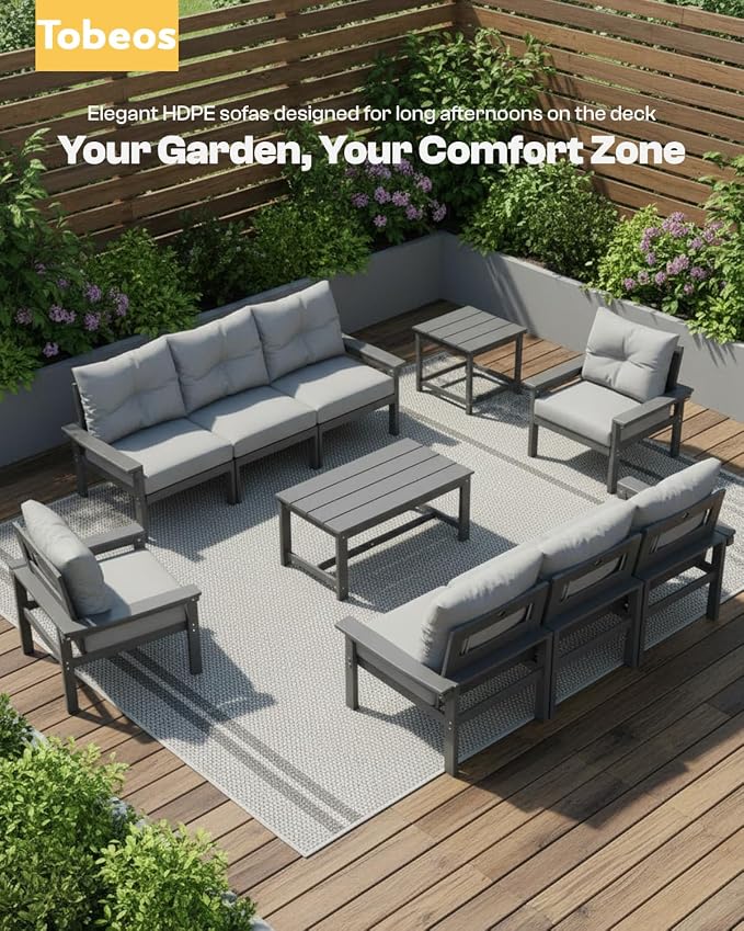 HDPE 10 Piece Outdoor Patio Furniture Set, All-Weather Outdoor Couch Set with Thick Cushions & Coffee Table, Patio Conversation Sets for Lawn, Porch, Garden, Balcony, Deck, Poolside, Grey Grey
