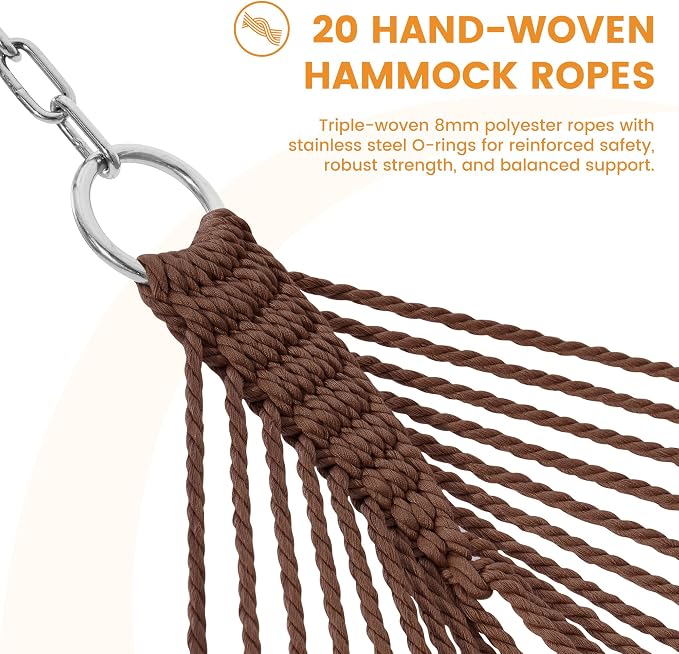 Lazy Daze Hammocks 13 FT Extra Large 2+ Person Caribbean Rope Hammock, Hand Woven Polyester XL Hammock with Spreader Bars, for Outside Outdoor Backyard Patio Poolside, 500 LBS Capacity, Brown