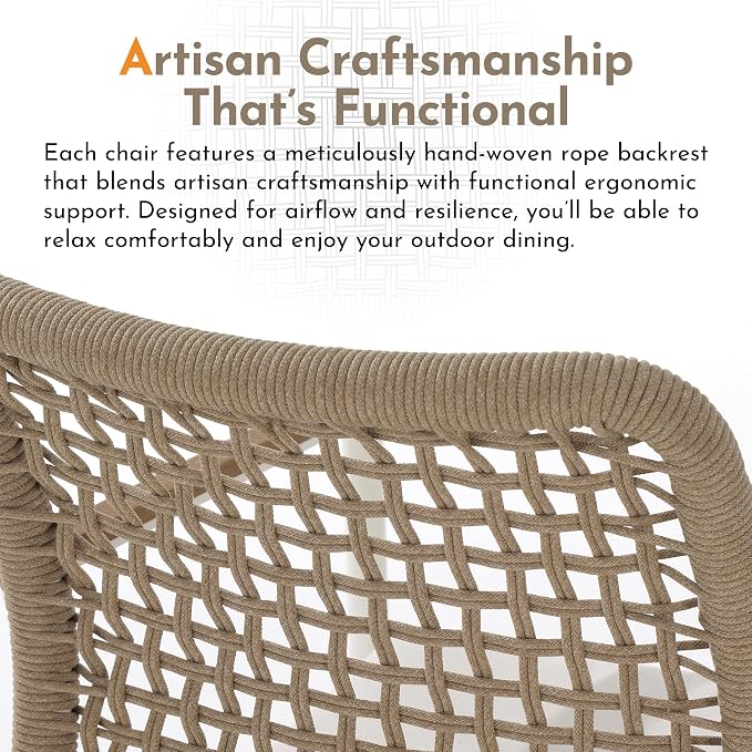 Modern Shade Riviera Outdoor Dining Chairs Set of 2, Fade Resistant, All-Aluminum Woven Rope Outdoor Chairs with FSC Teak Wood Armrests, Weather-Resistant Patio Chair with Quick Dry Cushion, Beige